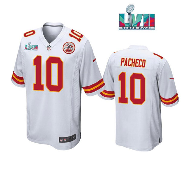 Men??s Kansas City Chiefs #10 Isaih Pacheco White Super Bowl LVII Patch Stitched Game Jersey